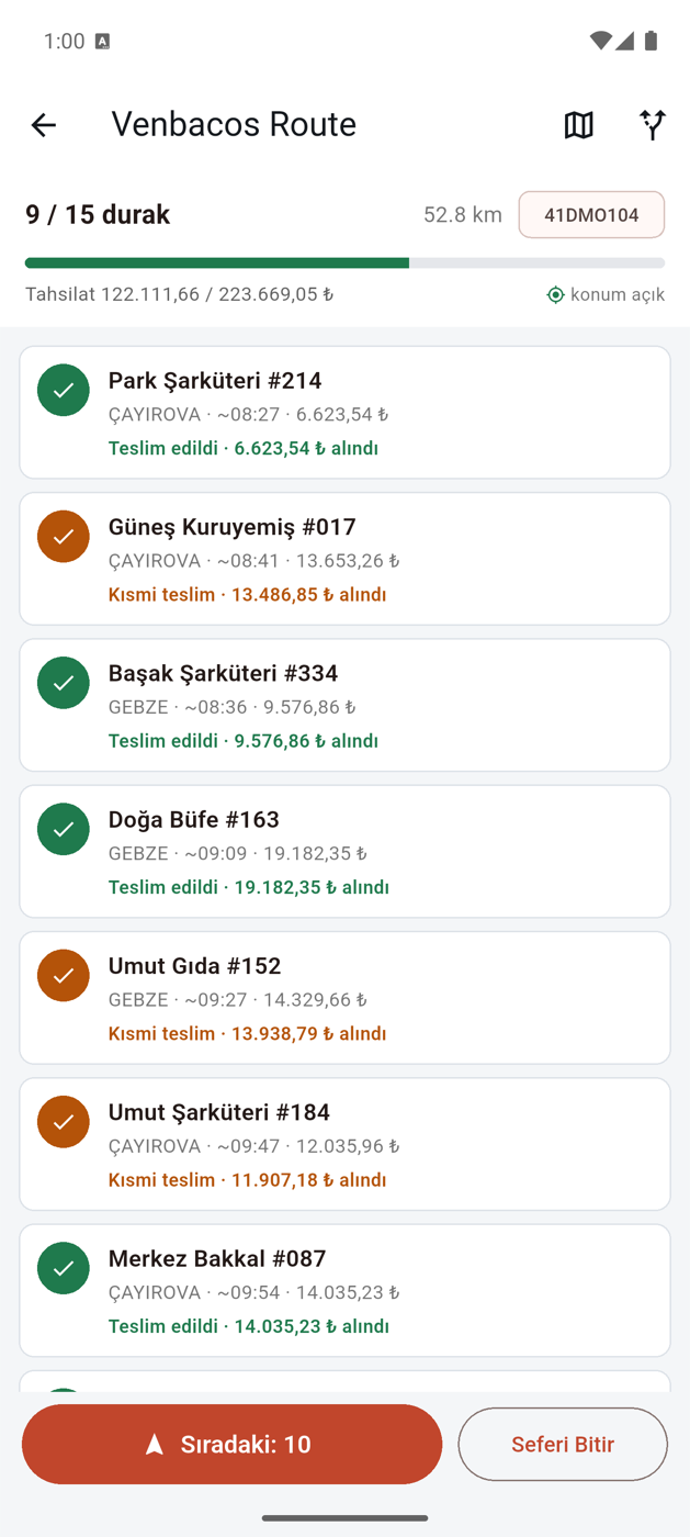 Şoför uygulaması: günün seferi, durak listesi ve ilerleme